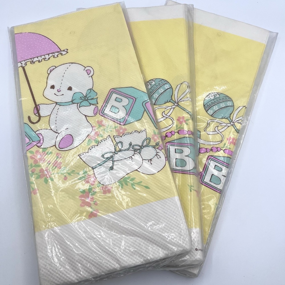 Vintage Baby Shower Paper Tablecloth Lot (3) NIP Yellow Bear NOS 70's